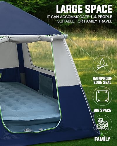 CORANI 14.1'x6.5'x9' Inflatable Tents for Camping, Portable 6/8/10 Person Blow Up Air Tent, Waterproof Windproof Easy Setup Large Family Tent with 2 Doors, 6 Windows, Mosquito Screen - color: Navy Blue, size: 4 person 7.5x7.5ft