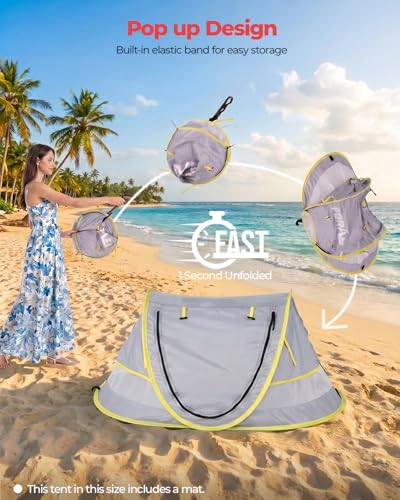 Poray Portable Baby Beach Tent with UPF 50+ Sun Shelter,Mosquito Net and Sunshade, Ideal Pop Up Kids Travel Tent with Carry Bag & 2 Stakes,Outdoor Indoor Play and Sun Protection - style: Large Deluxe Gray & Mat