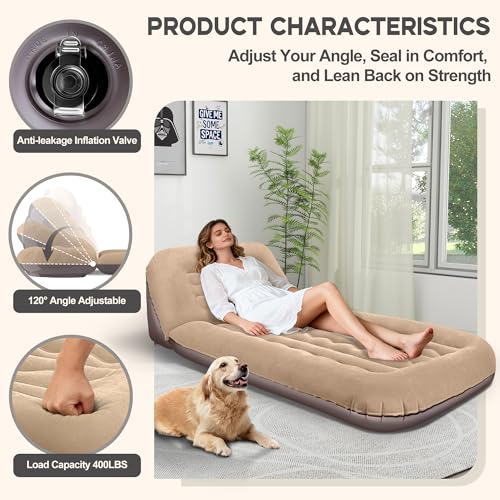 Luxfero Inflatable Couch for Camping, Air Mattress with Adjustable Backrest, Blow Up Couch for Adults with Flocked Surface, Portable Inflatable Lounge Chair, Air Sofa Bed for Indoor/Outdoor-No Pump