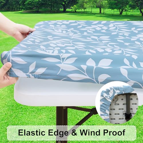 misaya Rectangle Vinyl Tablecloth, Fitted Table Cover, 100% Waterproof, Elastic Edge, Flannel Backing, Plastic Table Cloth Fit 4 Foot Folding Tables for Picnic, Camping (Blue Leaves, 30x48 inch) - color: Baby Blue, size: 48" x 30" (Rectangular)