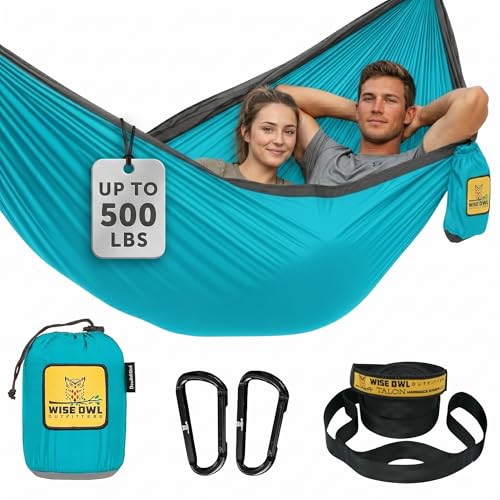Wise Owl Outfitters Camping Hammock – 500lbs Portable Hammock with Tree Straps - Travel, Backpacking, Hiking, Outdoors Camping Gear - Single or Double - color: Blue & Grey, size: Double