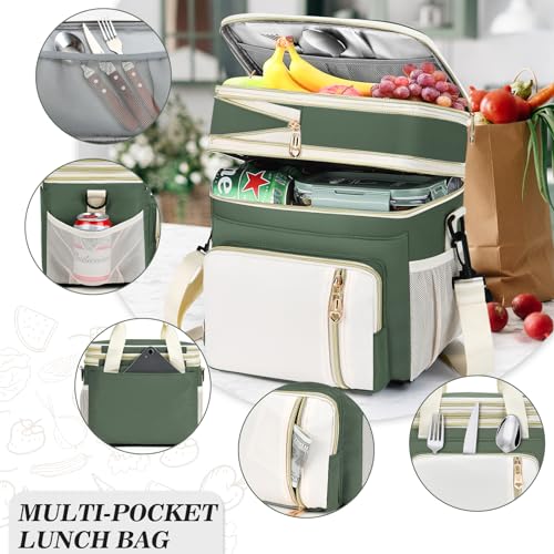 Lunch Box & Lunch Bag for Women Men, Large Insulated Adult Lunch Box Leakproof Lunchbox Cooler Bag for Work Picnic Beach,16L, Army Green & White - color: Army Green