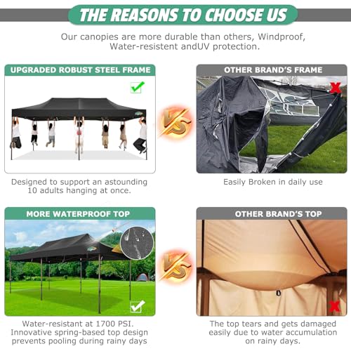 COBIZI 10x20 Pop Up Canopy Heavy Duty Without Sidewalls, Commercial Heavy Duty Pop Up Tent for Parties All Weather Waterproof and UV 50+ Wedding Tent with Roller Bag(Legs Upgraded),Black - color: Night Black, size: 10x20FT