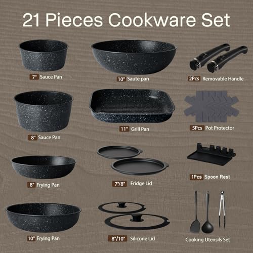 Pots and Pans Set Non Stick, Ceramic Cookware Sets 21 PCS, Granite Induction RV Kitchen Portable Stackable Cooking Set Removable Handles, Dishwasher ＆ Oven Safe, Black