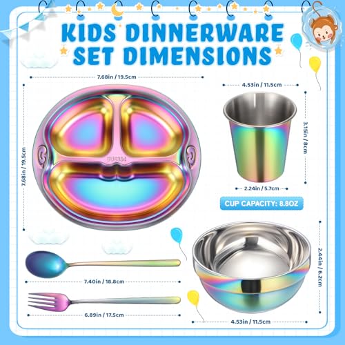 Tioncy 15 Pcs Stainless Steel Kids Dinner Set, 3 Bowls, 3 Balanced Bites Divided Plates, 3 Cups, 3 Spoons and 3 Forks, Stainless Steel Lunch Plates Dinnerware Set for Kids Toddlers(Monkey) - style: Monkey