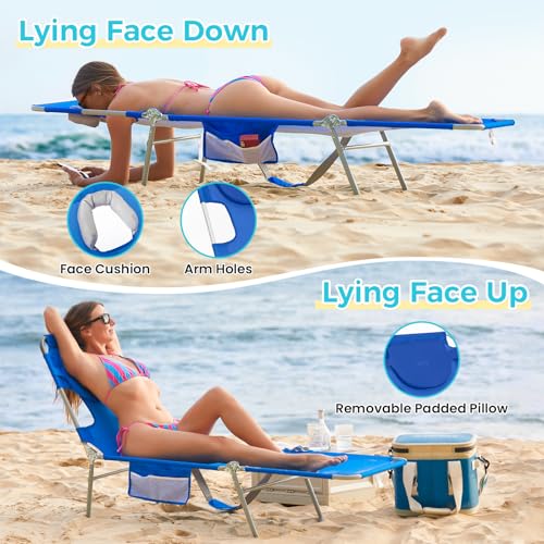 #WEJOY Folding Tanning Chair with Face Hole, 5-Position Face Down Beach Lounge Chair for Sunbathing, Lightweight Portable Outside Recliner with Side Pocket & Shoulder Straps for Pool, Patio, Blue - color: Readease-face Hole Blue, style: ReadEase 5 Positio
