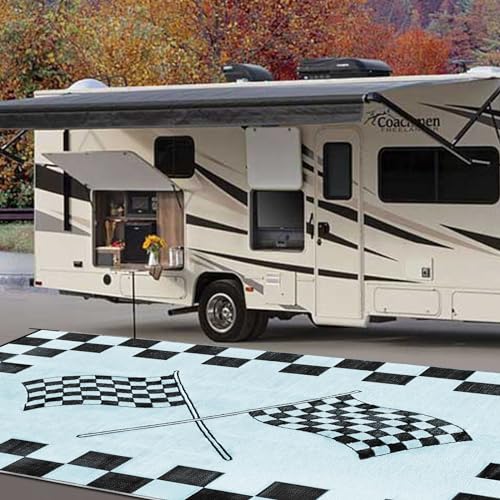 EEZ RV Products 9'x18'cf Heavy Duty Reversible/Durable Outdoor RVing/Boondocking Mats (9ft x18ft Black & White Checker Flag) Come with Large Storage Bag & 6 Sets of Stakes and Washer - color: Checker Flag, size: 9' x 18' (Rectangular)