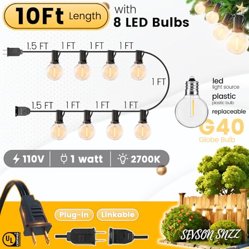 10FT Outdoor String Lights - LED Patio Lights Waterproof G40 Plastic Globe Bulbs, Connectable Shatterproof Hanging Outdoor Lights for Indoor Backyard Yard Gazebo Porch Party Decor - color: G40-Globe Bulb, size: 10FT Plug-in Version