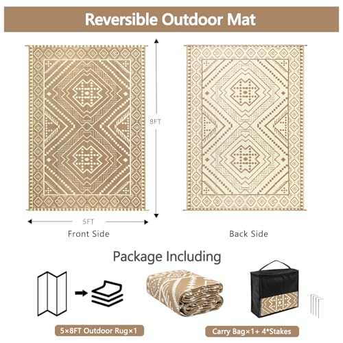 Waterproof Outdoor Rug 5x8 ft, Reversible Plastic Straw Mat, Large Floor Mat for Patio, Camping, Picnic, Backyard RV, Deck, Beige - color: Beige, size: 5' x 8'