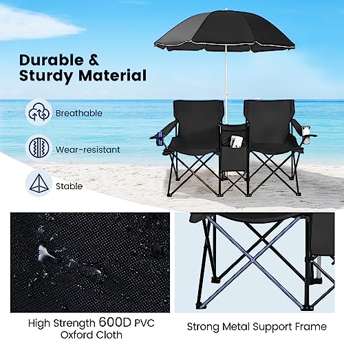 Double Camping Chair, 2-Person Portable Beach Chair w/Removable Umbrella, Cup Holders & Carrying Bag, Folding Loveseat Chairs for Adults Outdoor Picnic (Black) - color: Black