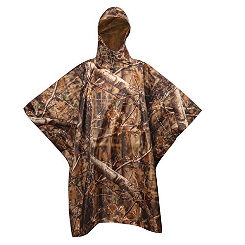AUSCAMOTEK Camouflage Rain Poncho Hooded Waterproof Camo Raincoat with Blind Pattern for Hunting Hiking Camping Fishing - color: Woodland-brown