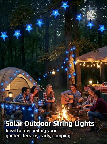 Solar Twinkle Star String Lights Outdoor Indoor Waterproof 39FT 100 LED Solar Powered Fairy Lights with 8 Lighting Modes Christmas Decor for Camping Tree Party Yard Wedding Garden (Blue) - color: Blue