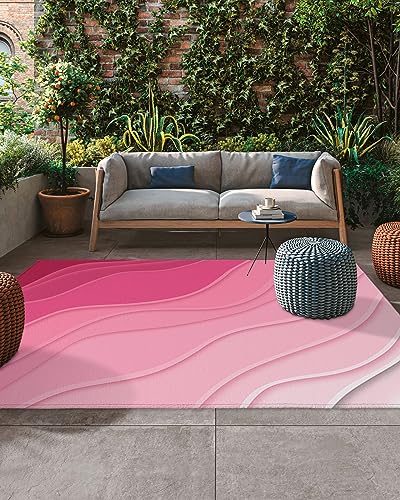 Outdoor Rug 4'x6' for Patio Clearance Large Outside Rug Chenille Patio Rugs Indoor Outdoor Carpet Modern Abstract Lines Ombre Pink Area Rugs for Camping Porch Deck Balcony - color: Ombreidt9311, size: 4' x 6' (Rectangular)