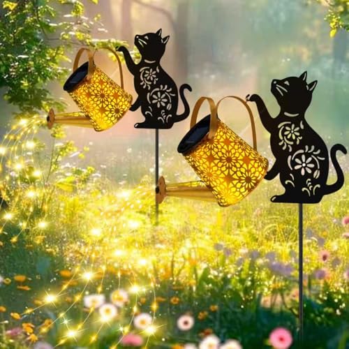 Solar Lights Outdoor Decorative, Watering Can with Cascading Lights, with Cat Silhouette Garden Stakes, Waterproof Metal Garden Decor for Yard Art, Outside, Patio, Lawn 2PACK - color: Cat 2 Pack