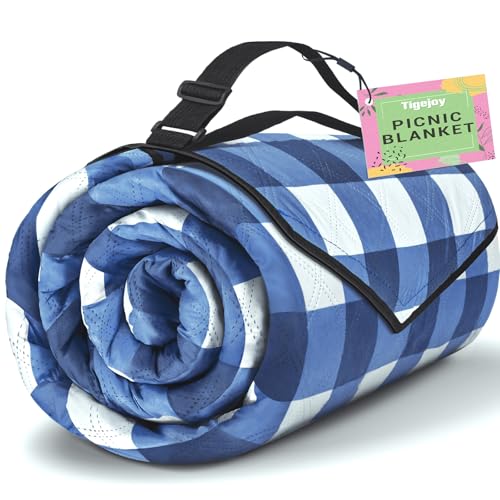 TigeJoy Extra Large Picnic Blanket Waterproof Foldable 80''x118'', Outdoor Picnic Mat Beach Blanket Sandproof for Park, Grass, Travel, Hiking, Camping Essentials, Gingham Picnic Blanket - color: Blue, size: 6'8" x 9'10" (Rectangular)
