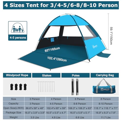 COMMOUDS Beach Tent Sun Shade for 3/4/6/8 Person, UPF 50+ Beach Sun Shelter Canopy Tent, Lightweight, Easy Set Up and Carry - color: Sky Blue with Dark Shelter, size: 4 Person