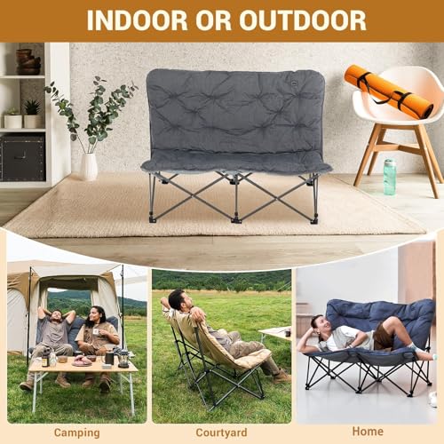 KingCamp Double Camping Chair, Oversized Padded Butterfly Chair Couch Portable Folding Loveseat 600lbs Heavy Duty Comfy Dorm Double Seat with High Back for Outdoor Indoor Patio Home Living Bed Room - color: Xxl 2 Person Grey