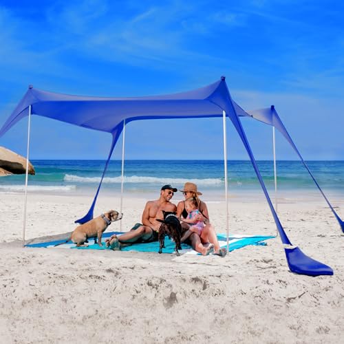 SUN NINJA Beach Tent Sun Shelter UPF50+ - Easy Pop Up Beach Canopy - Outdoor Shade for Camping Trips, Fishing, Backyard Fun Picnics - Sand Shovel, Ground Pegs & Stability Poles - color: Royal Blue, size: 10x10 FT 4 Pole
