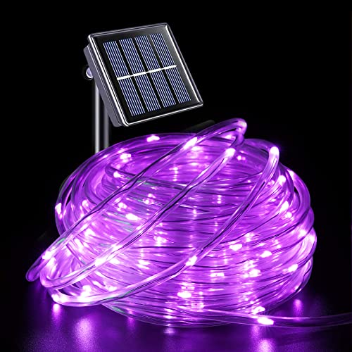 YEGUO Purple Solar Halloween Lights, 66ft 200 LED Solar Rope Lights Outdoor Waterproof, 8 Modes Fairy Lights in Clear Thin Tube - color: Purple