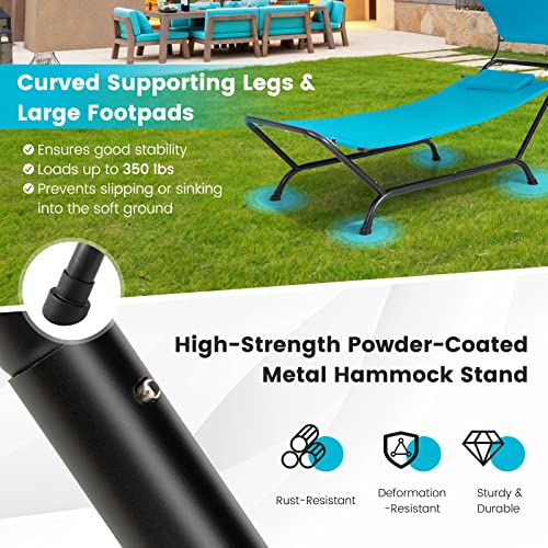 Tangkula Hammock with Stand Included, Heavy Duty Outdoor Hammock with Adjustable Canopy, Rustproof Metal Stand, Pillow, Storage Pocket, Hammock Bed with Stand for Backyard Lawn Poolside (Blue) - color: Blue