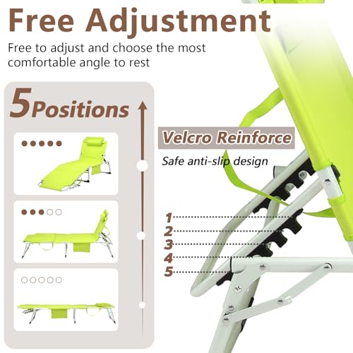 3-in-1 Heavy Duty Tanning Chair with Face Hole Adjustable 5-Position Folding Chaise Lounge Chairs Portable Lay Flat Beach Lounge Chair for Outdoor Sunbathing Patio Pool Lawn Camping Deck (Green) - color: Yellow