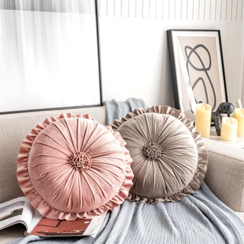 Round Velvet Ruffle Pillow,Round Throw Pillow,Boho Decorative Throw Pillow for Sofa, Bed, Chair, Car & Floor Seating,Floral Circle Cushion for Living Room, Home Decor (Blue) - color: Blue