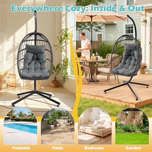 Outdoor Hanging Egg Chair with Stand & Oversized Cushion, 350LBS Capacity Heavy-Duty Patio Swing Hammock Chair, Thickened Metal Frame for Garden, Balcony, Bedroom (Gray, Solo) - color: Grey, size: Solo