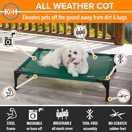 K&H Outdoor Elevated Dog Bed - Cooling Raised Dog Bed for Small & Medium Pets, Breathable Mesh Hammock Design, Indoor/Outdoor Washable Cover, Portable Metal Frame, Green, Medium 32x25in - color: Green Mesh, size: Medium 32"L x 25"W