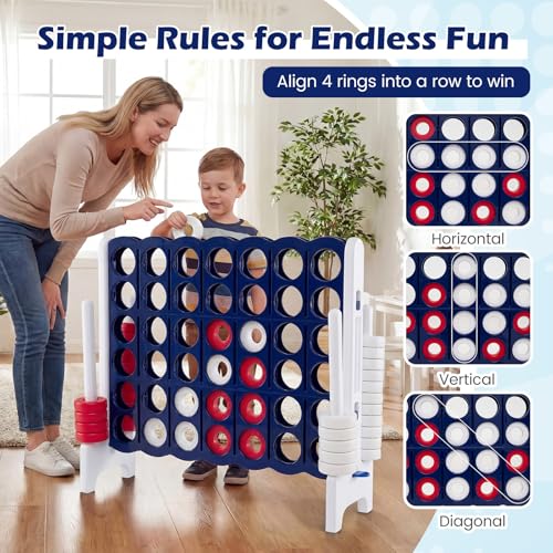 GLACER Giant 4-in-A-Row Game Set, 4-to-Score Game with Quick-Release Slider & 42 Jumbo Rings, 3.5FT Tall Outdoor Yard Games for Family Parties, Kids & Adults - color: Dark Blue+white