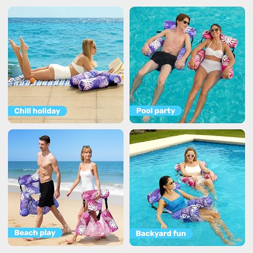 SLOOSH Inflatable Pool Floats Adult,2 Packs Floating Lounge Chairs,Blow up Pool Noodles for Adult Heavy Duty,Floating Chair for Party Summer Water Beach Lake Fun - style: Tropical Leaves-Purple,Pink