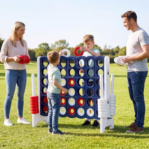 COSTWAY Jumbo 4-to-Score Giant Game Set, 4 in A Row for Kids and Adults, 3.5FT Tall Indoor & Outdoor Game Set with 42 Jumbo Rings & Quick-Release Slider, Perfect for Holiday Party & Family Game - color: Dark Blue and White