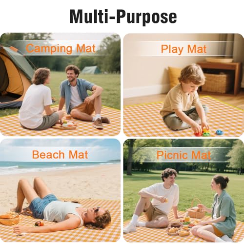JEPELUS Outdoor Picnic Blanket Waterproof, 79 x 79 Inch Large Picnic Mat Oxford Fabric, Gingham Foldable Beach Blankets Mats for Camping Park Grass Lawn Hiking Family Concerts (Yellow)