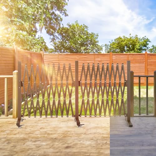 TECSPACE Aluminum Expandable Garden Fence, Portable Barricade Gate with Casters, Adjustable Retractable Fence Mobile Barricade Safety Barrier (Brown, 201×15×41 inch) - color: Brown, size: 201×15.2×40.6 Inch