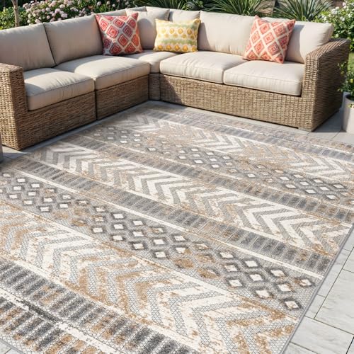 Rugshop Distressed Geometric Indoor/Outdoor Beige Area Rug Modern Tribal Stripe, Durable Stain Resistant Perfect for Patio, Backyard, Deck and Outdoor Lounge 5' x 7' - size: 5' x 7' (Rectangular)