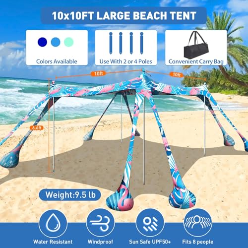 Beach Tent Sun Shelter 10x10ft Beach Canopy Easy Pop Up Sun Shade Portable UPF50+ with 8 Sandbags-2 Sand Shovel-4 Aluminum Poles-Ground Pegs for Outdoor Family Camping Fishing Backyard Picnic - color: Flamingos, size: 10x10 FT 4 Pole