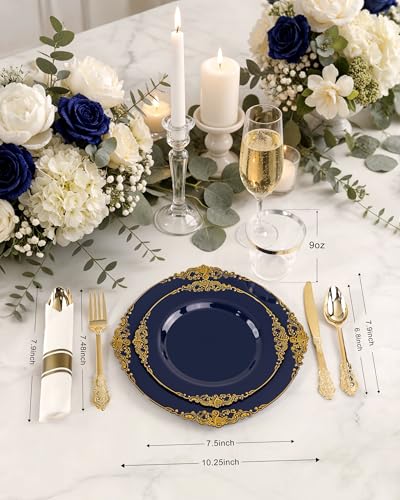 Nervure 350Pcs Blue Plastic Plates - Blue Gold Plastic Dinnerware Sets for 50 Guests - 100 Navy Gold Disposable Plates, 50 Pre Rolled Silverware, 50 Cups Perfect for Wedding & Party - color: Navy Blue and Gold