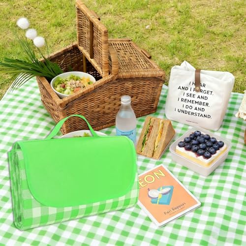 Large Picnic Outdoor Blanket, 40''x60'' Waterproof Sand Beach Mat, Foldable Blankets Gingham Picnic Mat for Beach Camping Grass Lawn Park Hiking Travel Accessories Family Concerts (Green White) - color: Green, size: 40''x60''