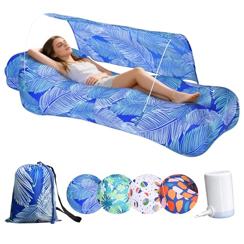 Inflatable Couch,Air Sofa with Sun-Shade Design,Built-in Storage,Ripstop Polyester&Stability Pegs,Portable Air Lounger for Beach,Camping,Easy to Carry,2Inflation Ways(Included Pump)Blue Feather - color: Blue Feather