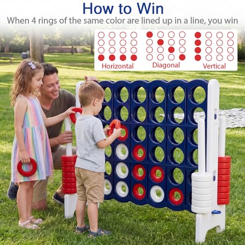 COSTWAY Jumbo 4-to-Score Giant Game Set, 4 in A Row for Kids and Adults, 3.5FT Tall Indoor & Outdoor Game Set with 42 Jumbo Rings & Quick-Release Slider, Perfect for Holiday Party & Family Game - color: Dark Blue and White