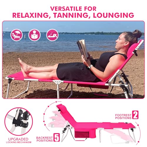 Oversized Extra Wide Tanning Chair with Sun Canopy Face Hole Padded Adjustable Washable, Heavy Duty Layout Folding Lounge Chair for Outside Beach Reading Sunbathing, UPF 50+, XL, Pink, 330 LBS - color: Pink, size: Oversized