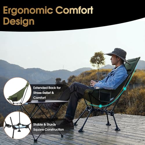 MOON LENCE High Back Folding Camping Chairs, Adjustable Height Beach Chair with Anti-Sinking Feet & Widened Seat (Green) - color: New Green With Feet 1 Pack