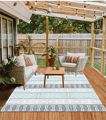 Outdoor Rug - 9x18 Grey, Teal, Reversible Recycled Plastic Straw Outdoor Patio Rugs Clearance Waterproof Large RV Camper Mats 7087 - color: Grey, Teal, size: 9' x 18' (Rectangular)