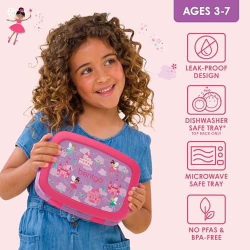 Bentgo Kids Prints Leak-Proof, 5-Compartment Bento-Style Kids Lunch Box - Ideal Portion Sizes for Ages 3-7, Durable, Drop-Proof, Dishwasher Safe, & PFAS & BPA-Free Materials (Fairies) - color: Fairies