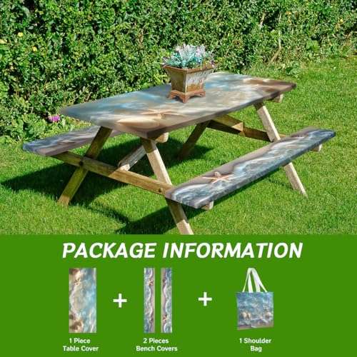 Sea Beach Picnic Table Cover with Bench Covers and Carrying Bag, Seashells Ocean Waves Tropical Hawai Rectangle Table Cover, Outdoor Patio Camping Essentials 6FT 4PCS, Camping Fitted Tablecloth