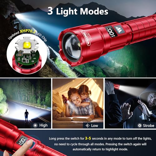WdtPro LED Rechargeable Flashlight 2 Pack, 3 Modes Super Bright High Lumens Flashlights, Zoomable Tactical Flash Light with LCD Display, IP65 Waterproof Flashlights for Home Emergency Camping - Red - color: Red