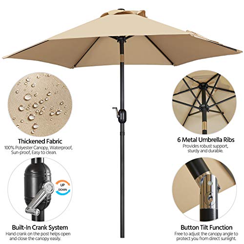 Yaheetech 7.5FT Patio Umbrella Outdoor with Heavy Duty Base Included,Table Umbrella with Push Button Tilt and Crank, UV Protection Waterproof for Yard/Wedding Parties and Events - Tan - color: Tan, size: 7.5FT