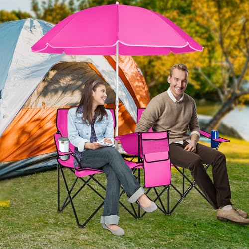 Double Beach Chair, 2-Person Portable Loveseat w/Removable Umbrella, Cup Holders & Carrying Bag, Folding Camping Chairs for Adults Outdoor Picnic (Pink) - color: Deep Pink