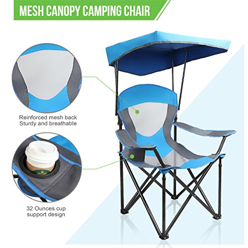 ALPHA CAMP Heavy Duty Canopy Camping Chair, 350 lbs Capacity Oversized Folding Chair with Adjustable Sunshade, Portable Sunshade Chair with Cup Holder for Beach, Fishing, Outdoor - color: Royal Blue