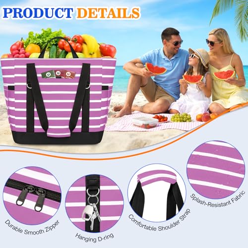 HUANLANG Soft Cooler Bag Insulated for Travel,Large Insulated Grocery Bags with Zippered Top,PEVA Collapsible Food Delivery Cooler Bag for Beach, Travel, Picnics - color: Purple and white stripes