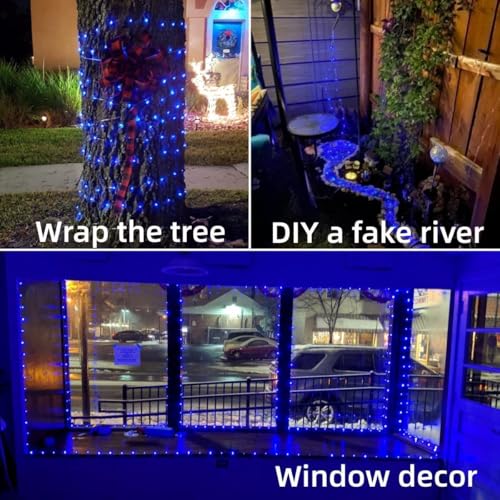 YEGUO 4 Pack Blue Solar Fairy Lights, Each 33ft 100 LED Christmas Lights Outdoor Waterproof, 8 Modes Sliver Wire Solar String Lights - color: Blue